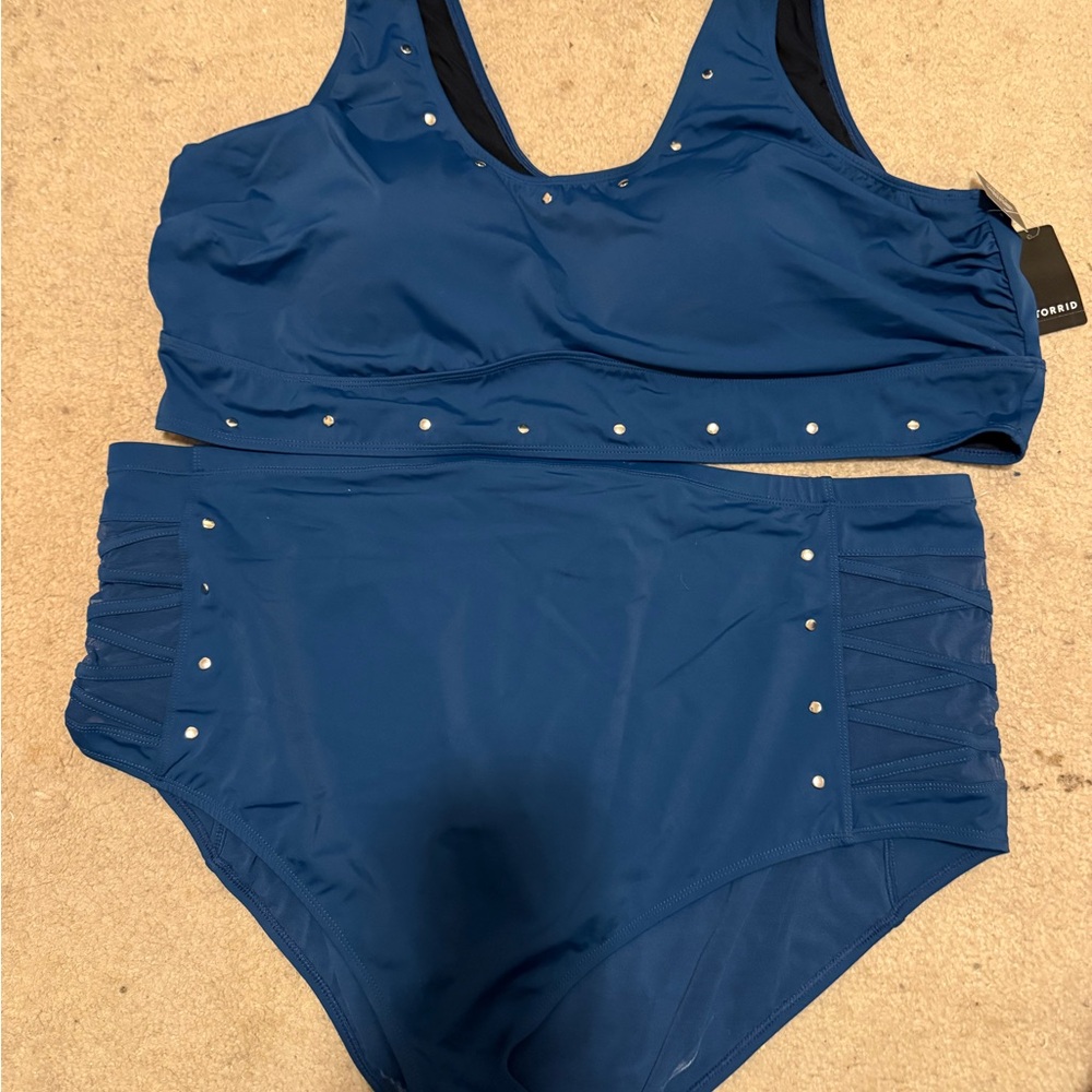 High-Waist Blue Two-Piece Bikini Set with Stud Accents